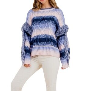 New THML Cable Knit Fringe Sweater Long Sleeve Blue Pink Stripe Size Medium